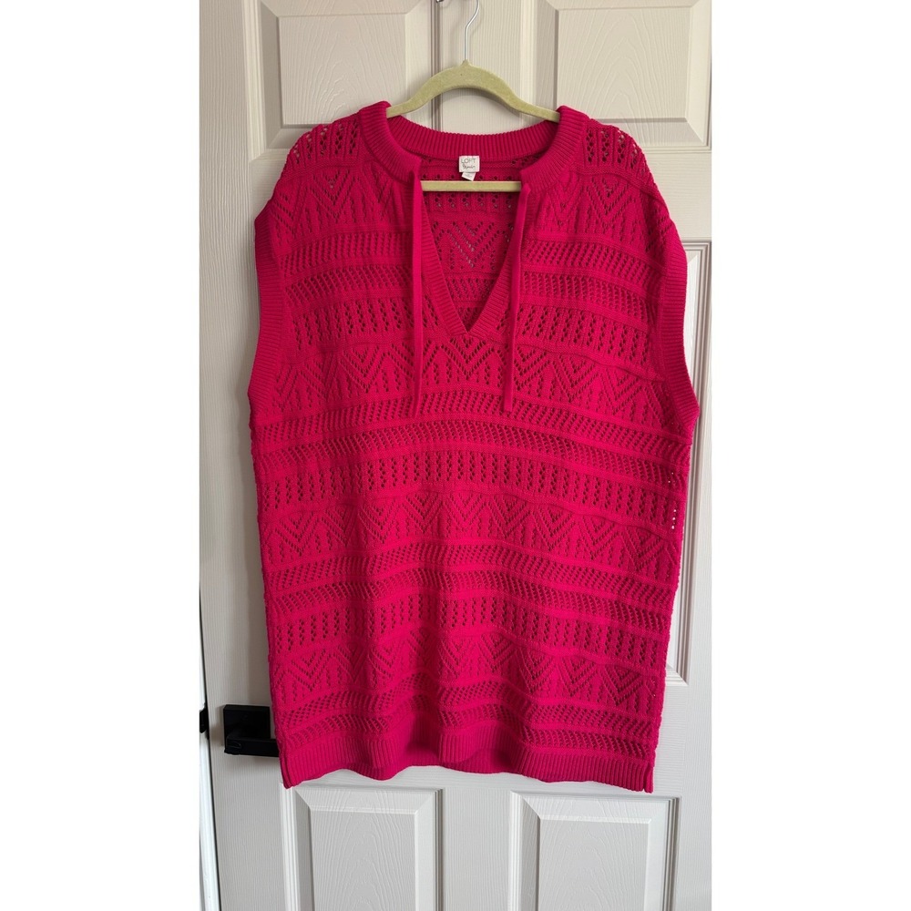 LOFT Beach Sweater Coverup Dress Sz XL Pink Crochet Sleeveless Coastal Relaxed